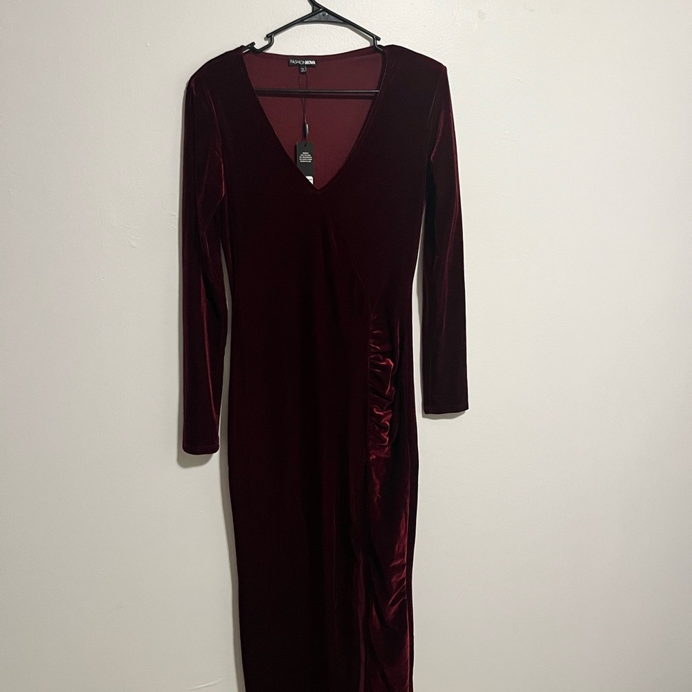 Burgundy Velvet Long Sleeve Dress